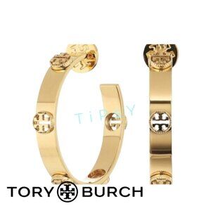 Tory Burch Gold Plated Hoop Earrings With Logo Studs